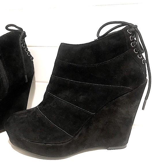 NEW Black Leather Corset Lace-Up Real Suede Goth Ankle Booties: Wedges size 8 - Picture 2 of 6